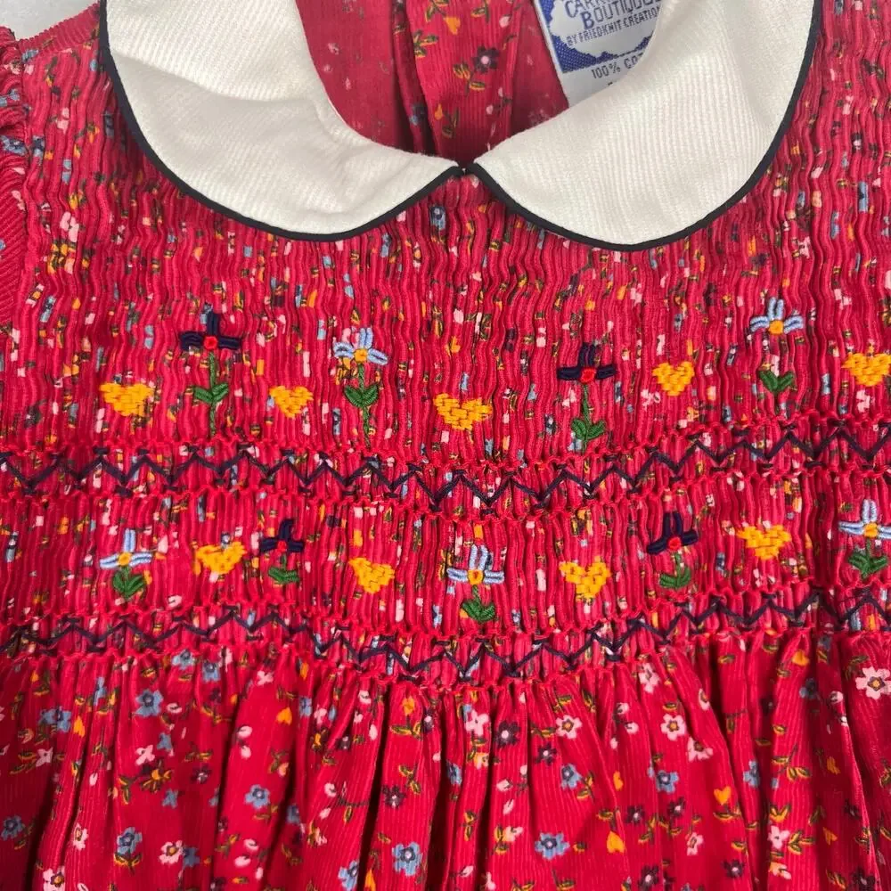 Vintage Carriage Boutiques Smocked Bubble Romper 3M Red Floral Peter Pan Baby